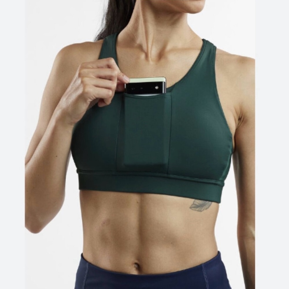 Oiselle Pockito Power Sports Bra Green Front Pocket Racerback Strappy Size 4